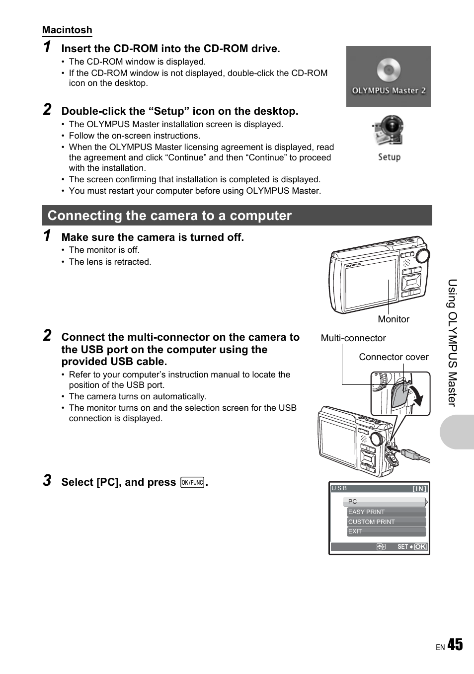 Connecting the camera to a computer, Gp. 45, Usi ng oly m pu s mast er | Olympus µ 780 User Manual | Page 45 / 78