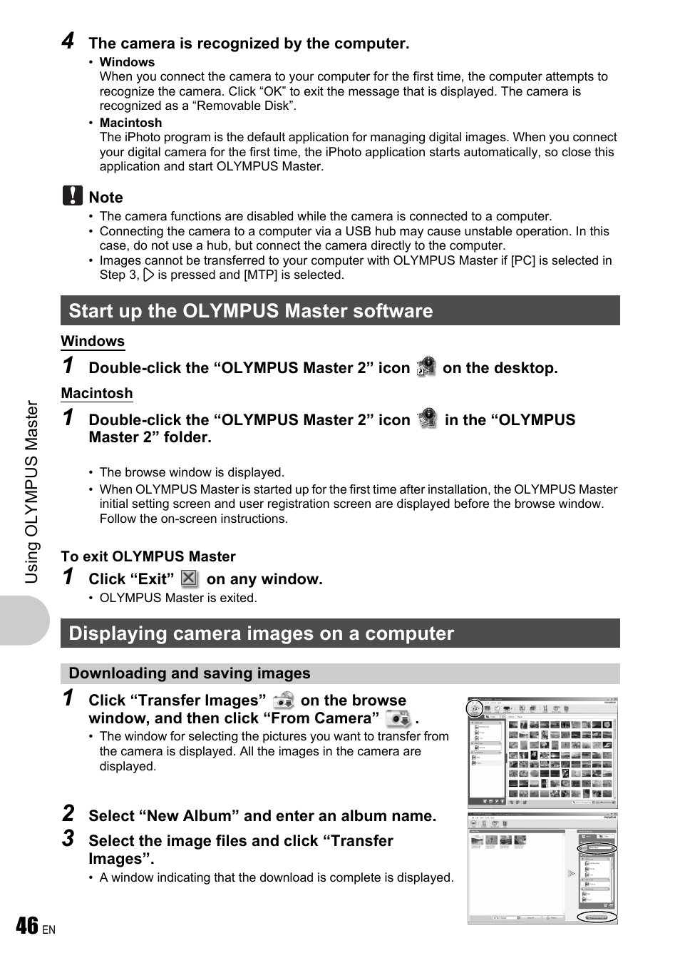Start up the olympus master software, Displaying camera images on a computer, Downloading and saving images | Gp. 46 | Olympus µ 780 User Manual | Page 46 / 78