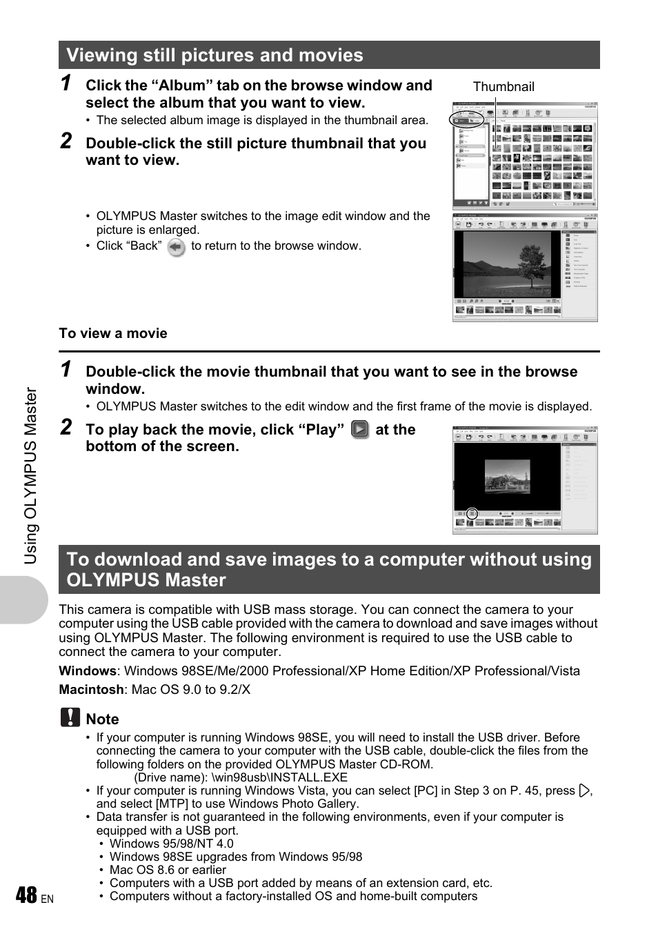 Viewing still pictures and movies | Olympus µ 780 User Manual | Page 48 / 78