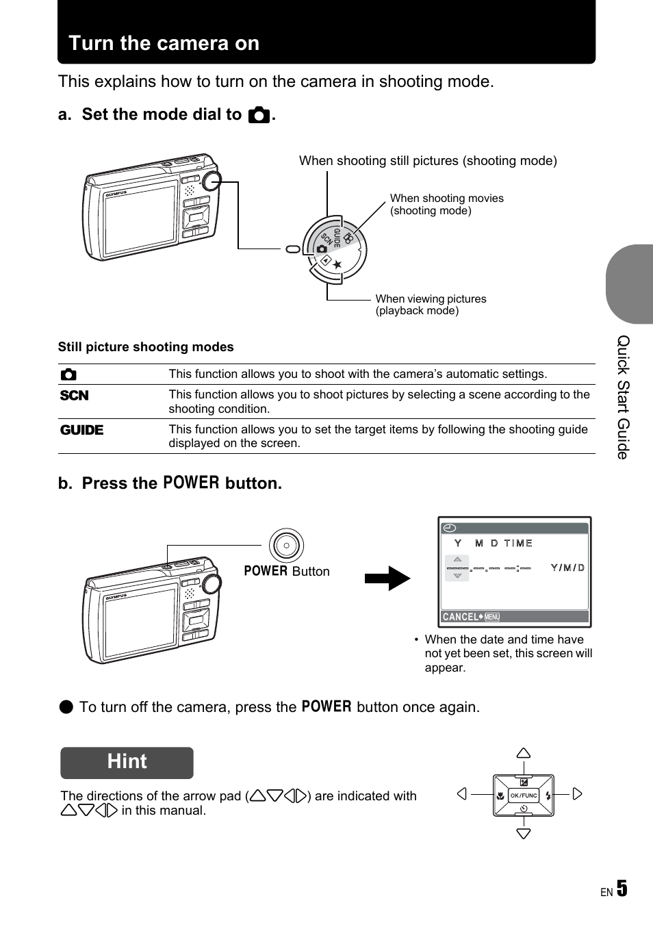 Turn the camera on, Hint, B. press the o button | Quick start guide | Olympus µ 780 User Manual | Page 5 / 78