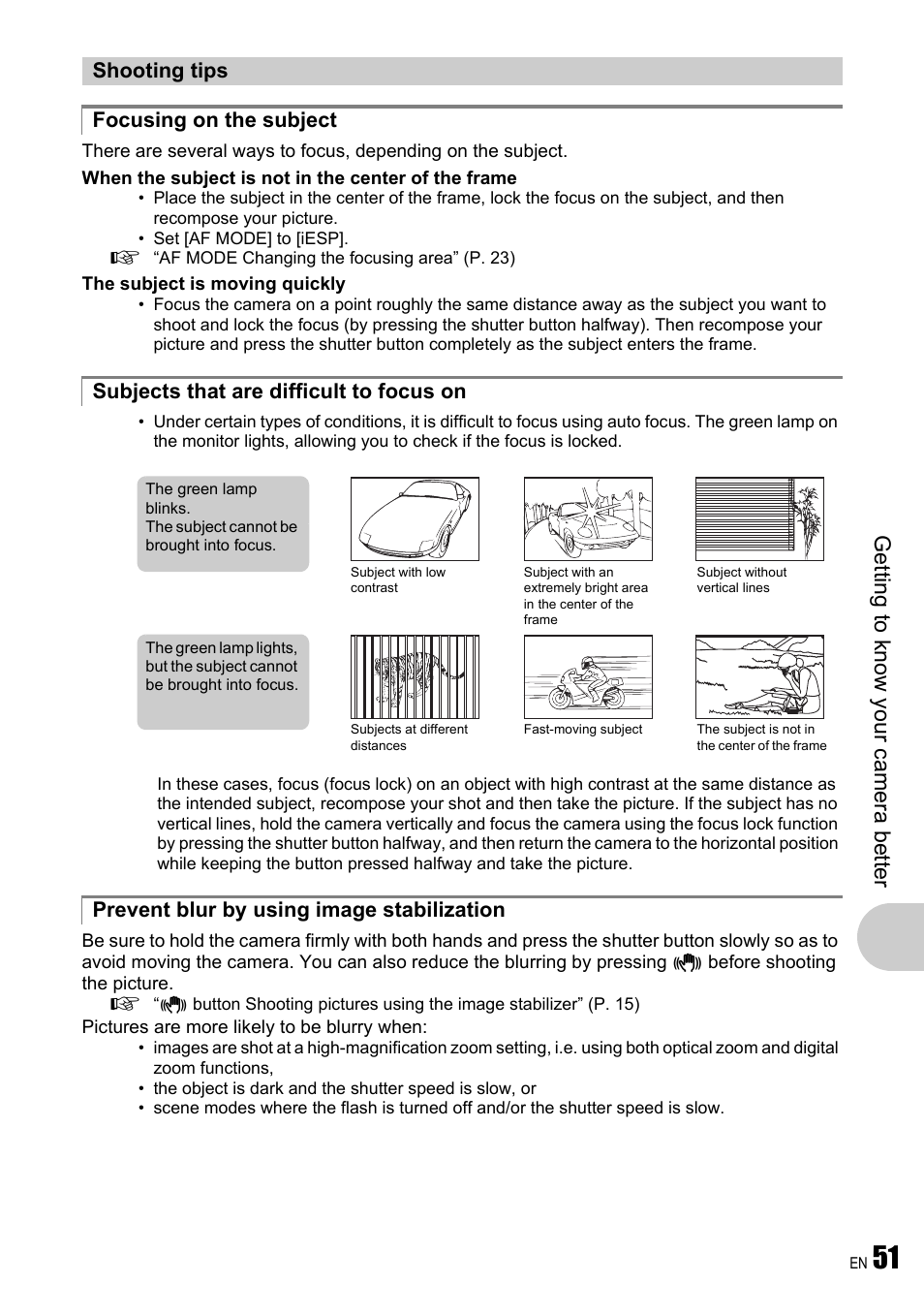 Shooting tips, Focusing on the subject, Subjects that are difficult to focus on | Prevent blur by using image stabilization, Get ting to know your camera be tt er | Olympus µ 780 User Manual | Page 51 / 78