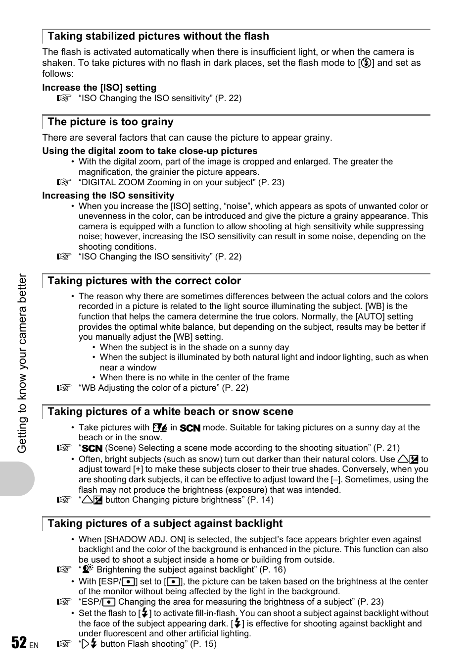 Taking stabilized pictures without the flash, The picture is too grainy, Taking pictures with the correct color | Taking pictures of a white beach or snow scene, Taking pictures of a subject against backlight | Olympus µ 780 User Manual | Page 52 / 78