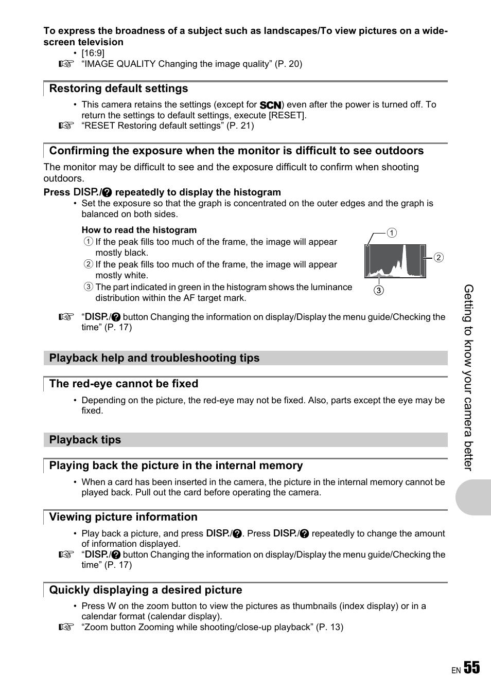 Restoring default settings, Playback help and troubleshooting tips, The red-eye cannot be fixed | Playback tips, Playing back the picture in the internal memory, Viewing picture information, Quickly displaying a desired picture, Get ting to know your camera be tt er | Olympus µ 780 User Manual | Page 55 / 78