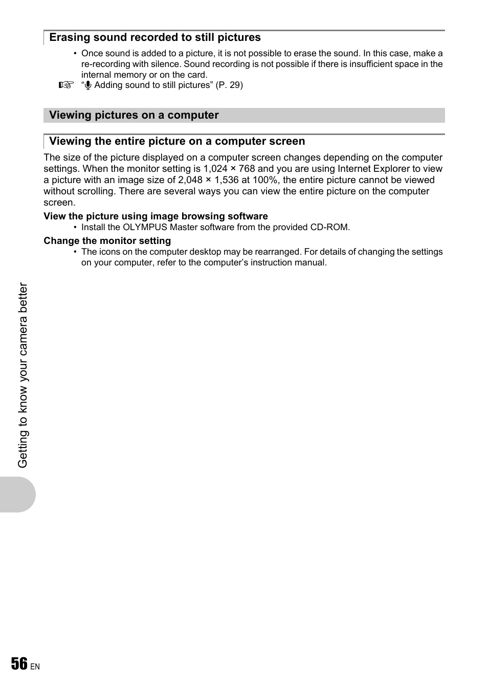 Erasing sound recorded to still pictures, Viewing pictures on a computer, Viewing the entire picture on a computer screen | Olympus µ 780 User Manual | Page 56 / 78