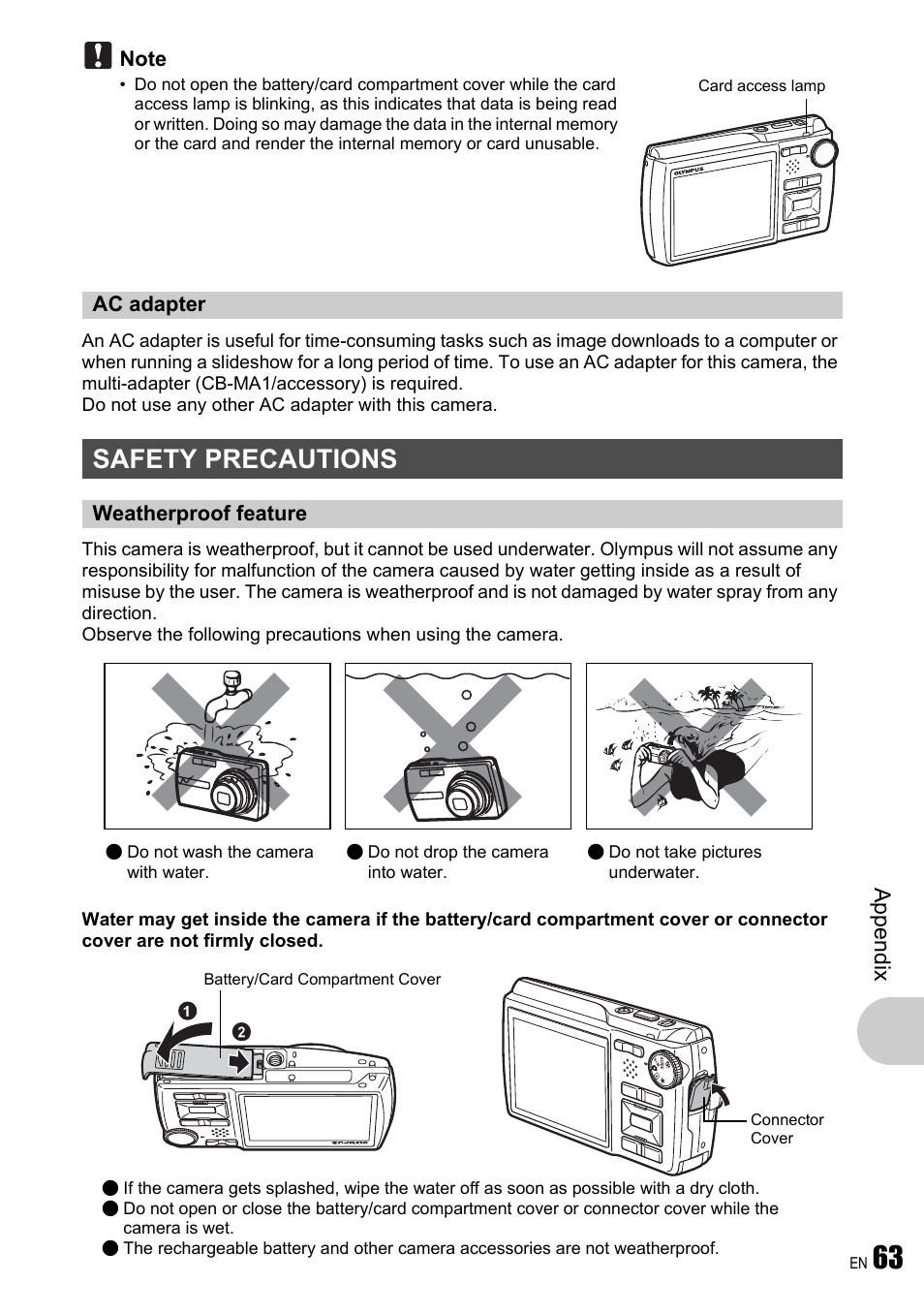 Ac adapter, Safety precautions, Ap pend ix | Olympus µ 780 User Manual | Page 63 / 78