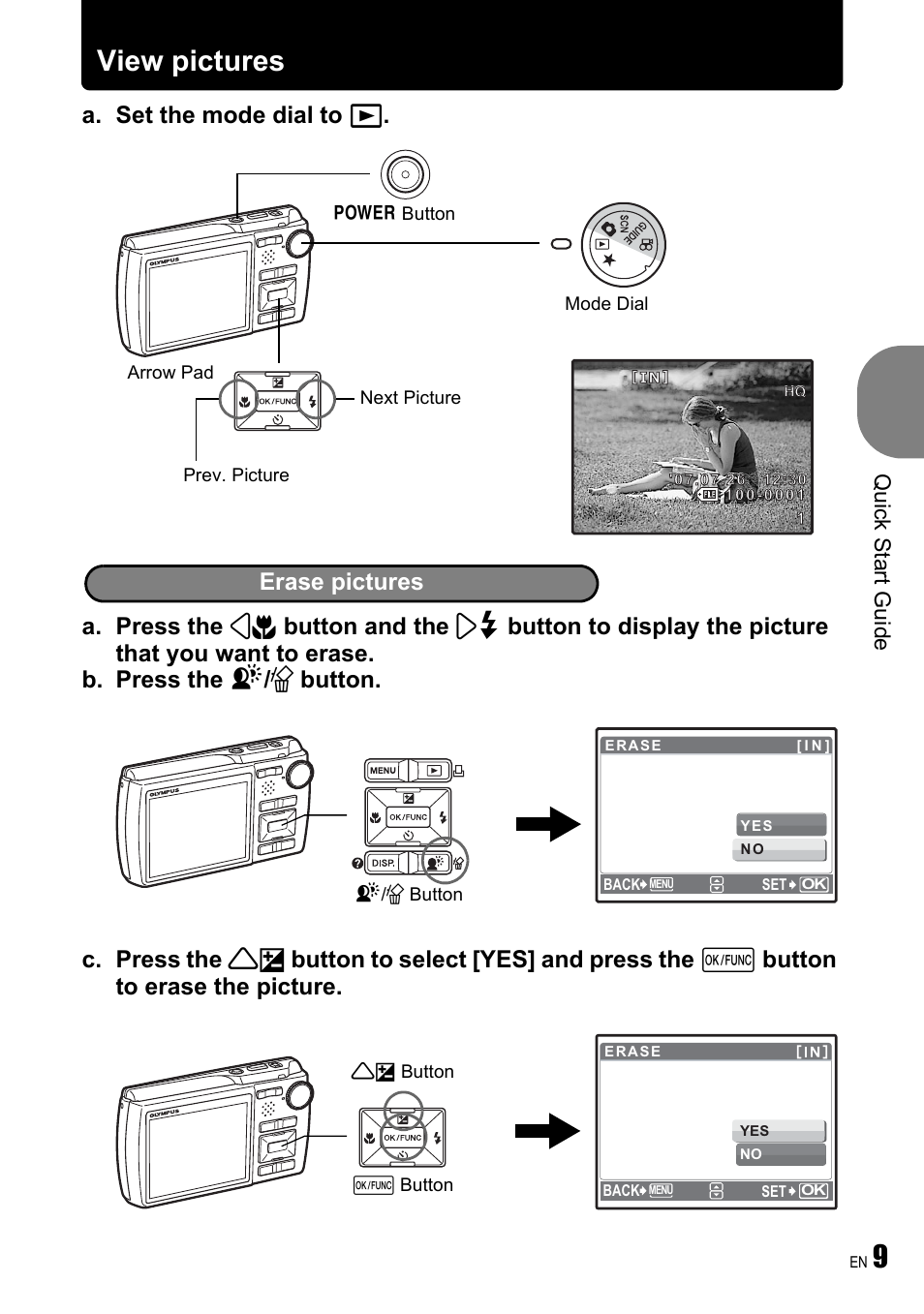 View pictures, Erase pictures, Quick start guide | Olympus µ 780 User Manual | Page 9 / 78