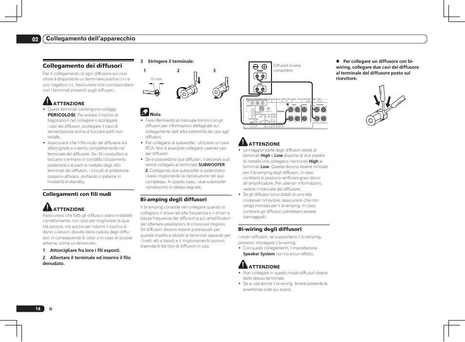 Collegamento dei diffusori, 02 collegamento dell’apparecchio, Bi-wiring degli diffusori | Collegamenti con fili nudi, Bi-amping degli diffusori | Pioneer SC-LX75 User Manual | Page 14 / 72