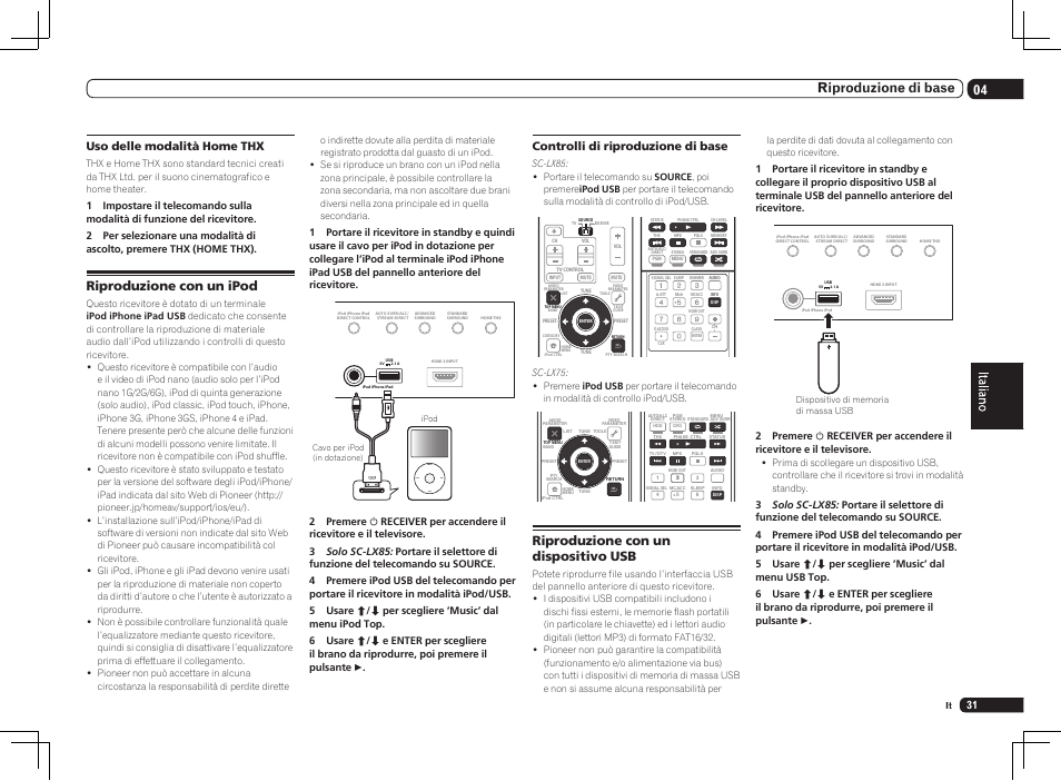 Menu, 04 riproduzione di base, Riproduzione con un ipod | Riproduzione con un dispositivo usb, Uso delle modalità home thx, Controlli di riproduzione di base | Pioneer SC-LX75 User Manual | Page 31 / 72