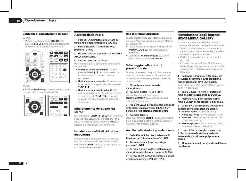 04 riproduzione di base, Riproduzione dagli ingressi home media gallery, Ascolto della radio | Uso di neural surround, Salvataggio delle stazioni preselezionate, Ascolto delle stazioni preselezionate, Controlli di riproduzione di base, Miglioramento del suono fm stereo, Uso della modalità di riduzione del rumore | Pioneer SC-LX75 User Manual | Page 32 / 72