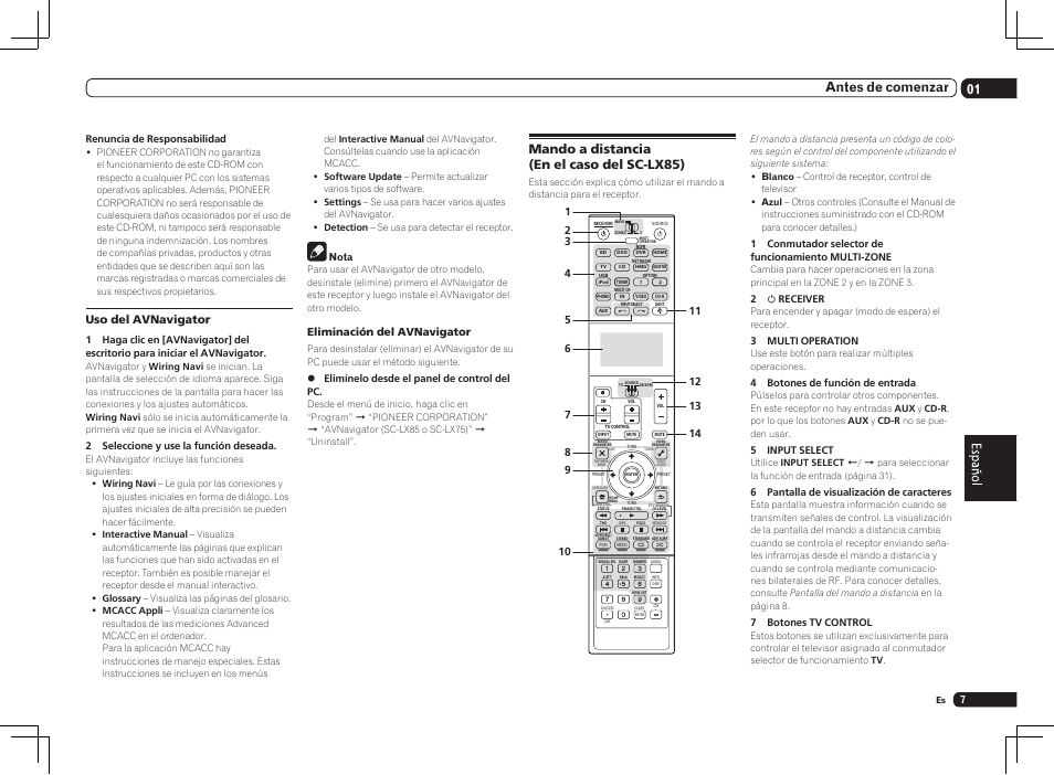 Mando a distancia (en el caso del sc-lx85), 01 antes de comenzar, Uso del avnavigator | Eliminación del avnavigator | Pioneer SC-LX75 User Manual | Page 41 / 72