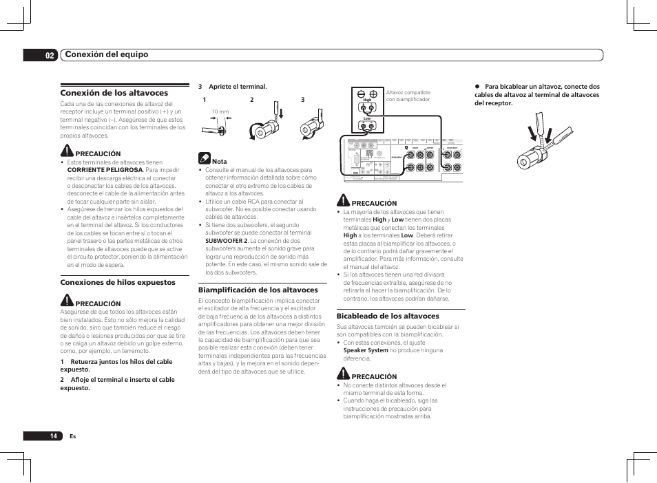 Conexión de los altavoces, 02 conexión del equipo, Bicableado de los altavoces | Conexiones de hilos expuestos, Biamplificación de los altavoces | Pioneer SC-LX75 User Manual | Page 48 / 72