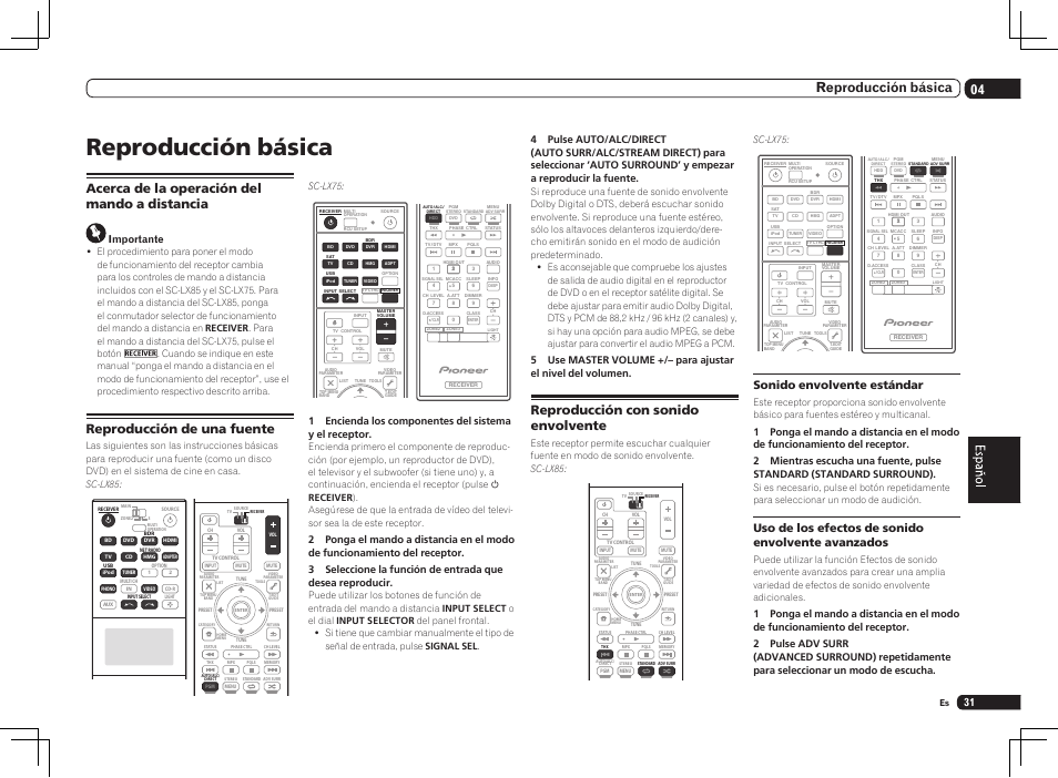 Reproducción básica, 04 reproducción básica, Acerca de la operación del mando a distancia | Reproducción de una fuente, Reproducción con sonido envolvente, Sonido envolvente estándar, Uso de los efectos de sonido envolvente avanzados, Importante, Sc-lx75 | Pioneer SC-LX75 User Manual | Page 65 / 72