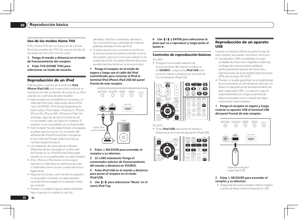 Menu, 04 reproducción básica, Reproducción de un aparato usb | Reproducción de un ipod, Controles de reproducción básicos, Uso de los modos home thx | Pioneer SC-LX75 User Manual | Page 66 / 72