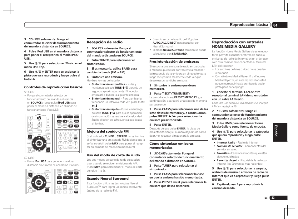 04 reproducción básica, Recepción de radio, Reproducción con entradas home media gallery | Controles de reproducción básicos, Mejora del sonido de fm, Uso del modo de corte de ruido, Usando neural surround, Presintonización de emisoras | Pioneer SC-LX75 User Manual | Page 67 / 72