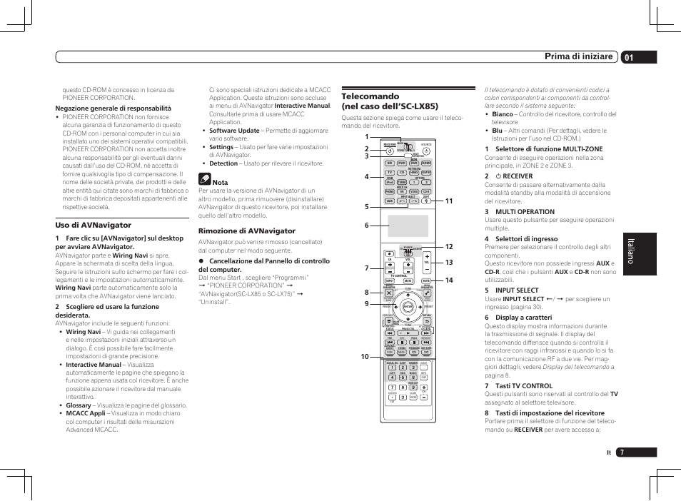 Telecomando (nel caso dell’sc-lx85), 01 prima di iniziare, Uso di avnavigator | Rimozione di avnavigator | Pioneer SC-LX75 User Manual | Page 7 / 72