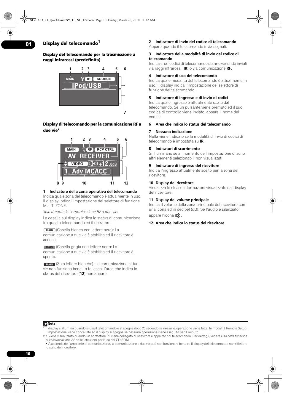 Display del telecomando, Ipod/usb, Av receiver 1. adv mcacc +12 | Pioneer SC-LX83 User Manual | Page 10 / 120