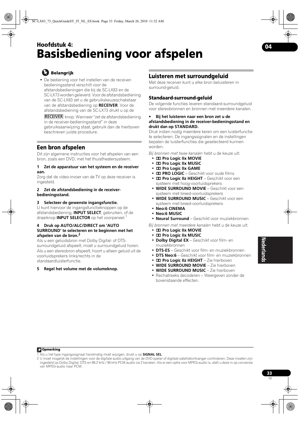 Basisbediening voor afspelen, Een bron afspelen, Luisteren met surroundgeluid | Standaard-surround-geluid, 04 basisbediening voor afspelen, Hoofdstuk 4 | Pioneer SC-LX83 User Manual | Page 109 / 120