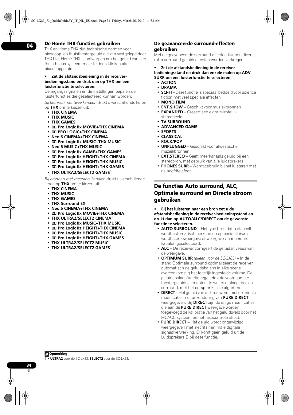 De home thx-functies gebruiken, De geavanceerde surround-effecten gebruiken | Pioneer SC-LX83 User Manual | Page 110 / 120
