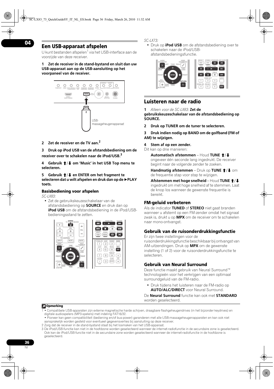 Een usb-apparaat afspelen, Luisteren naar de radio, Fm-geluid verbeteren | Gebruik van de ruisonderdrukkingsfunctie, Gebruik van neural surround, Basisbediening voor afspelen, U kunt bestanden afspelen | Pioneer SC-LX83 User Manual | Page 112 / 120