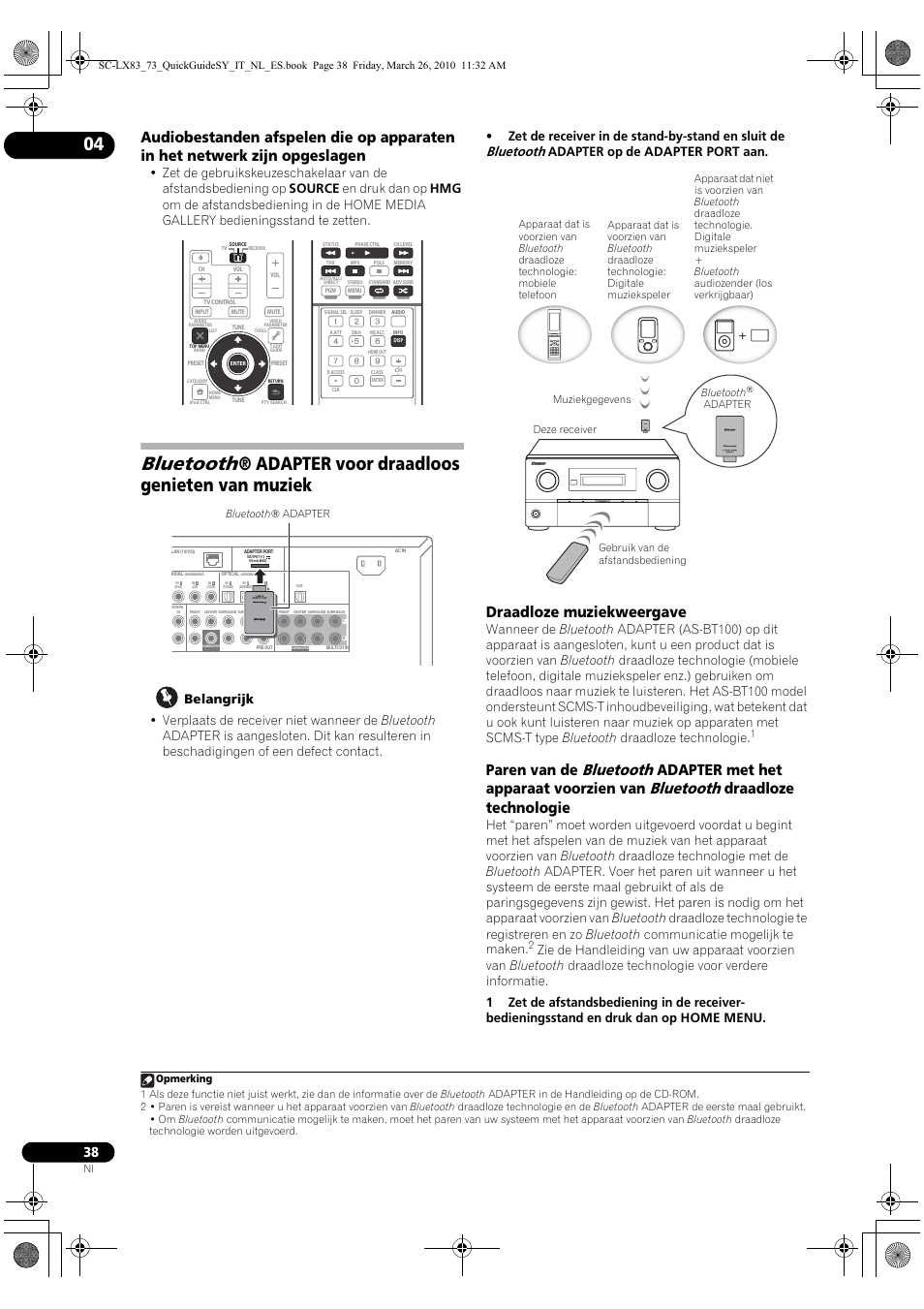 Draadloze muziekweergave, Bluetooth, Adapter voor draadloos genieten van muziek | Paren van de, Adapter met het apparaat voorzien van, Draadloze technologie, Adapter op de adapter port aan | Pioneer SC-LX83 User Manual | Page 114 / 120