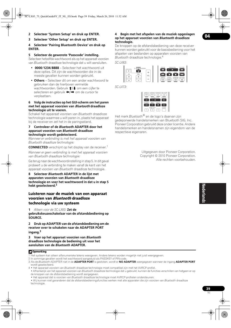 Bluetooth, Draadloze technologie via uw systeem | Pioneer SC-LX83 User Manual | Page 115 / 120