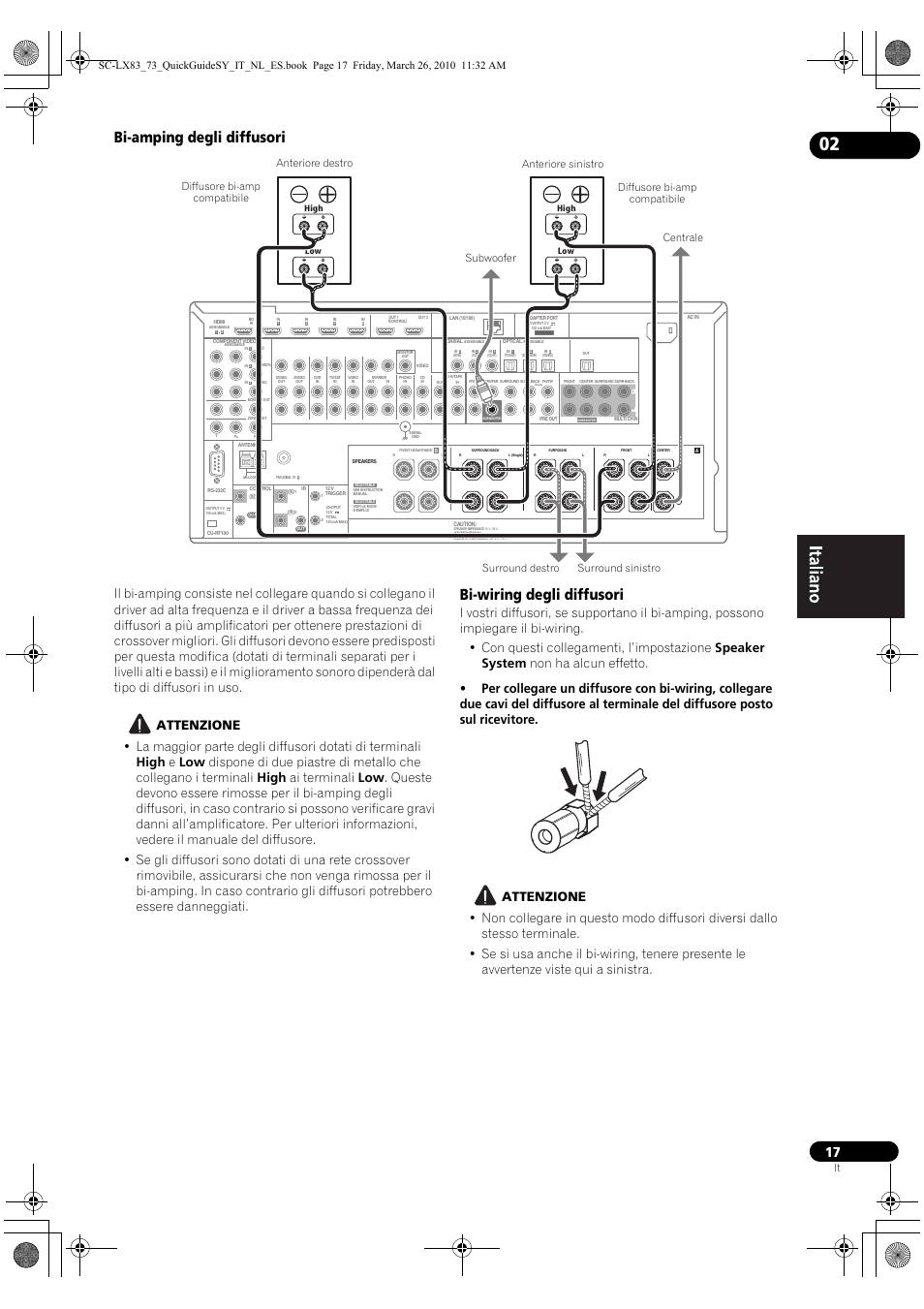 Bi-amping degli diffusori, Bi-wiring degli diffusori | Pioneer SC-LX83 User Manual | Page 17 / 120