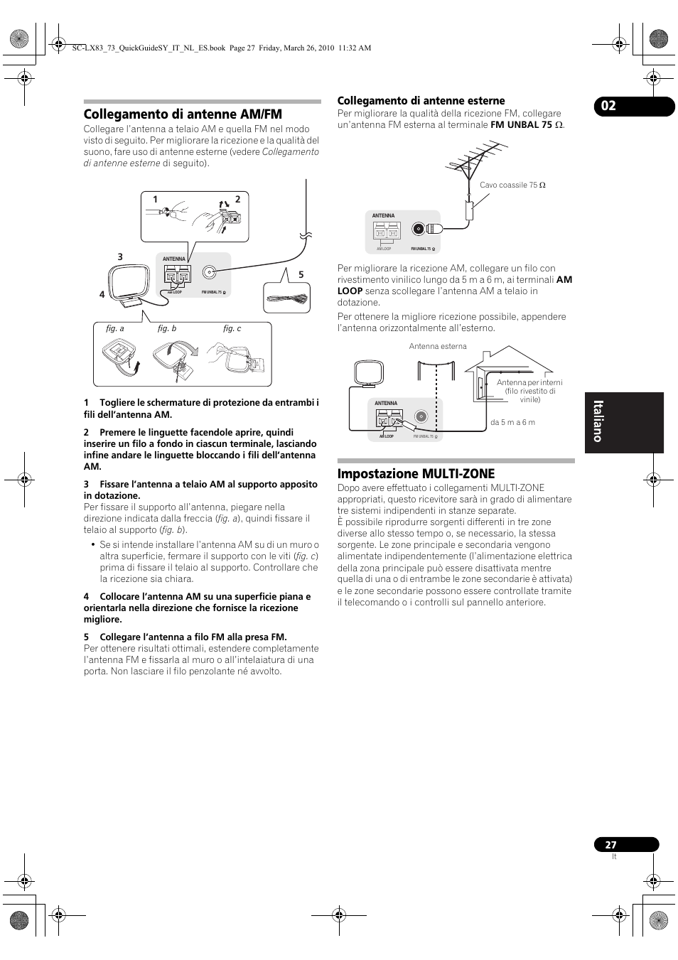 Collegamento di antenne am/fm, Collegamento di antenne esterne, Impostazione multi-zone | Pioneer SC-LX83 User Manual | Page 27 / 120