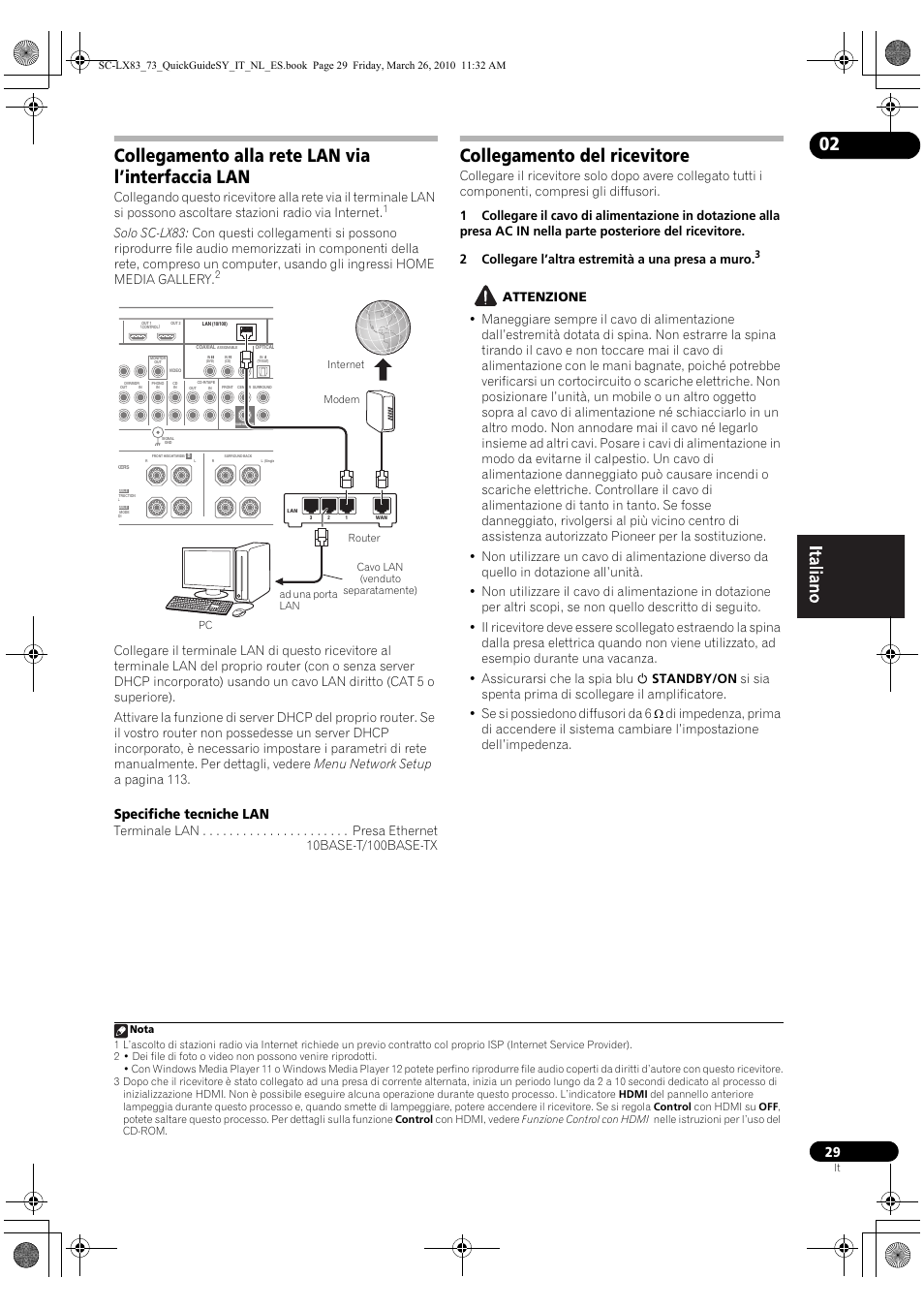 Collegamento alla rete lan via l’interfaccia lan, Collegamento del ricevitore, Specifiche tecniche lan | Pioneer SC-LX83 User Manual | Page 29 / 120