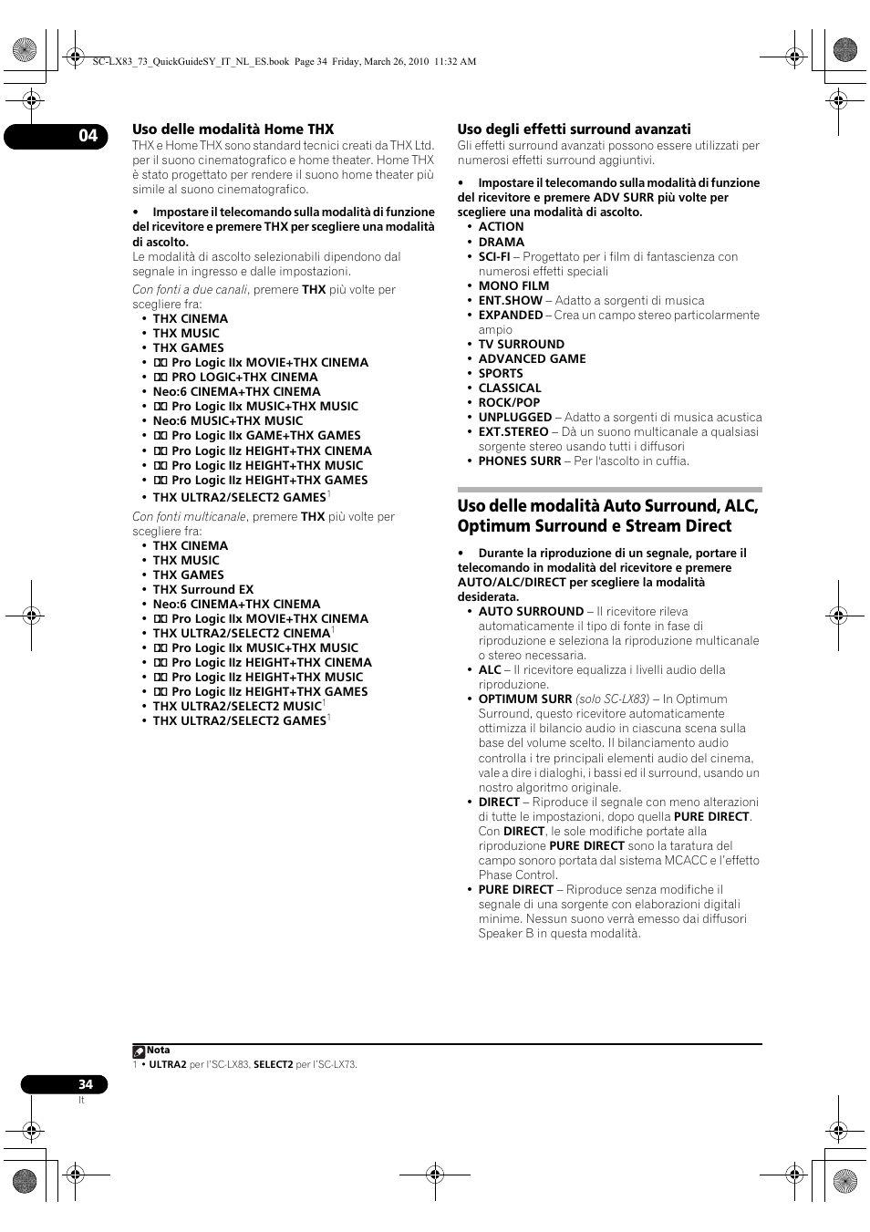 Uso delle modalità home thx, Uso degli effetti surround avanzati | Pioneer SC-LX83 User Manual | Page 34 / 120