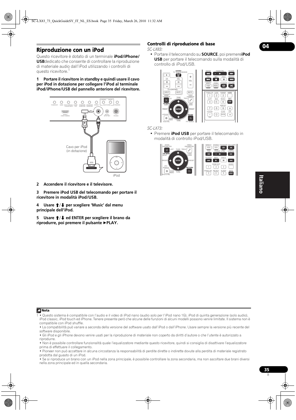 Riproduzione con un ipod, Controlli di riproduzione di base, Ipod cavo per ipod (in dotazione) | Pioneer SC-LX83 User Manual | Page 35 / 120
