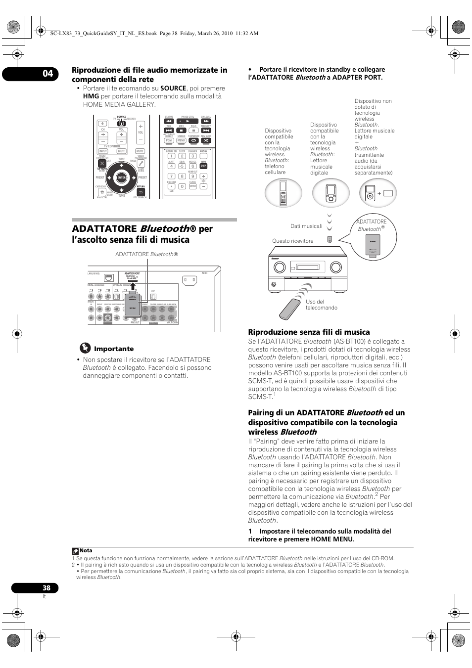 Riproduzione senza fili di musica, Bluetooth, Adattatore | Per l’ascolto senza fili di musica, Pairing di un adattatore, A adapter port | Pioneer SC-LX83 User Manual | Page 38 / 120
