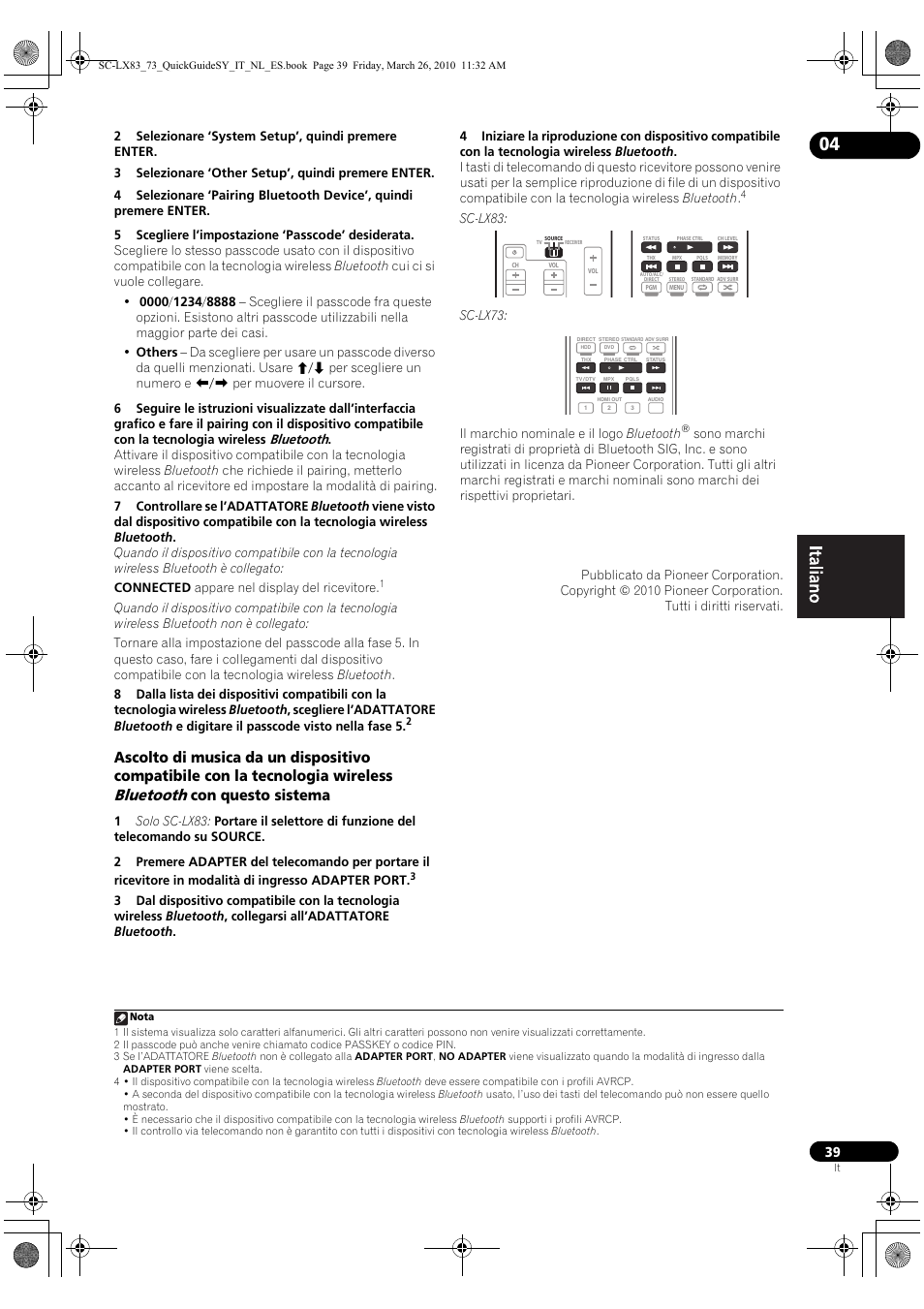 Bluetooth, Con questo sistema | Pioneer SC-LX83 User Manual | Page 39 / 120