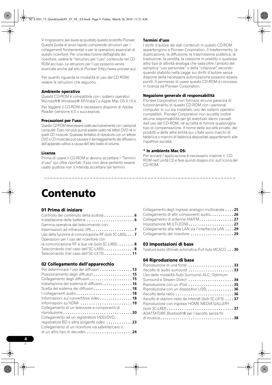 Contenuto | Pioneer SC-LX83 User Manual | Page 4 / 120