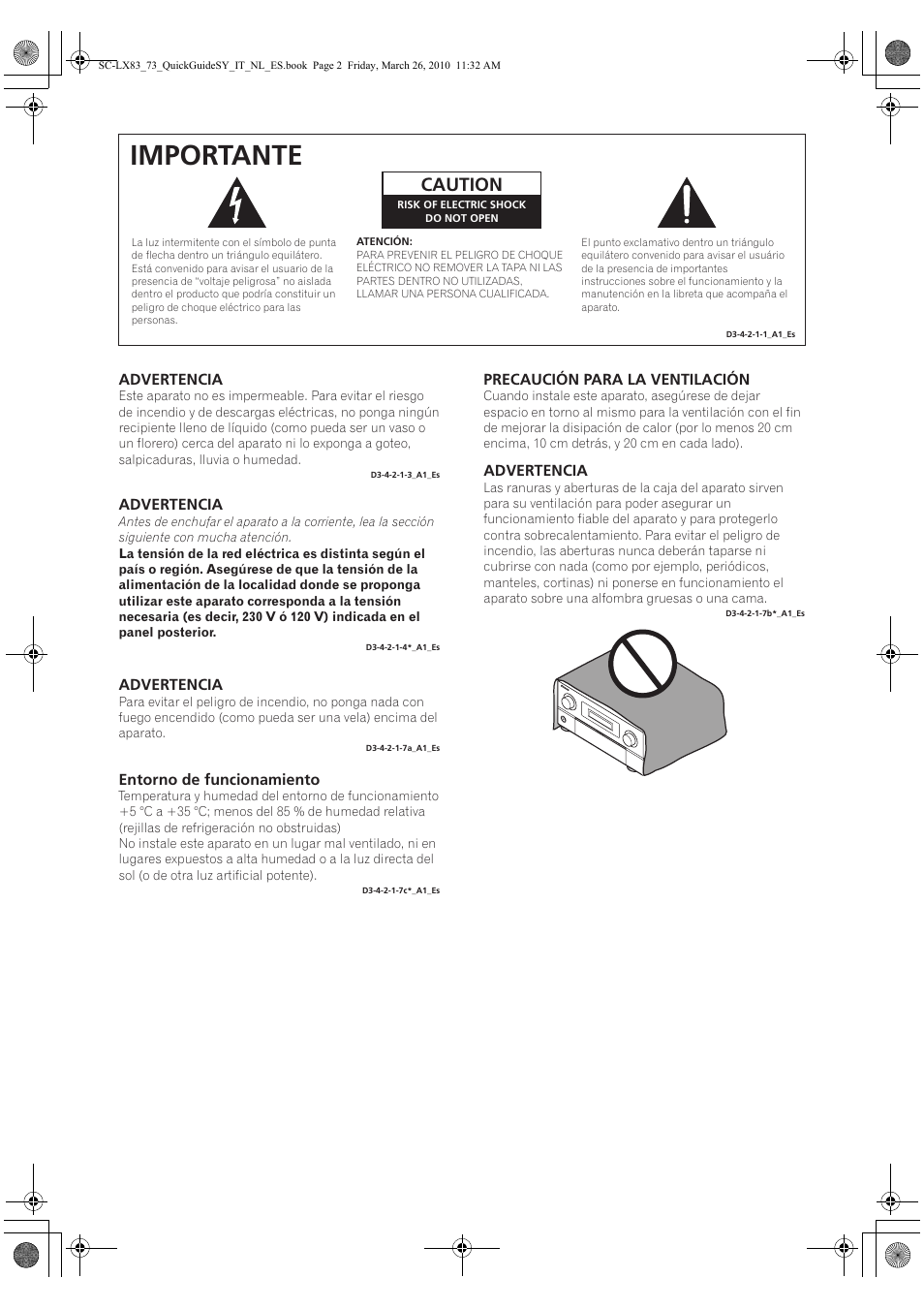 Importante, Caution | Pioneer SC-LX83 User Manual | Page 40 / 120