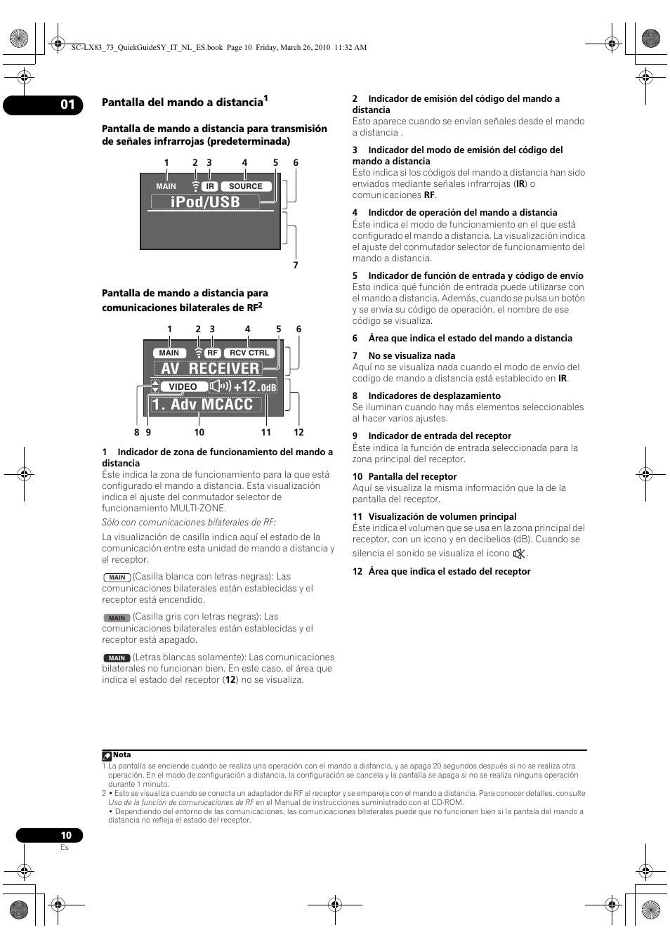 Pantalla del mando a distancia, Ipod/usb, Av receiver 1. adv mcacc +12 | Pioneer SC-LX83 User Manual | Page 48 / 120