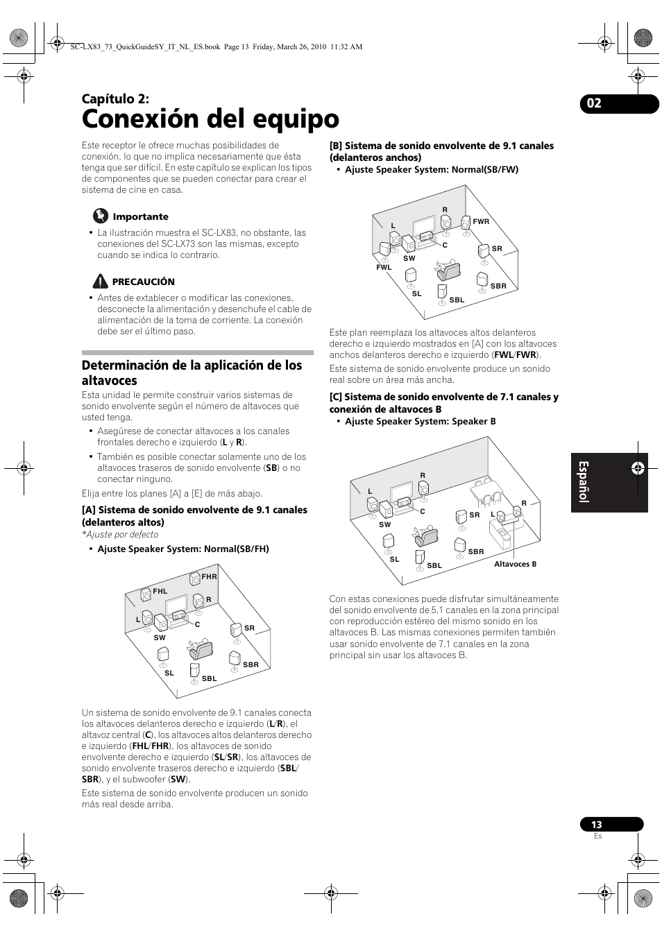 Conexión del equipo, Determinación de la aplicación de los altavoces, 02 conexión del equipo | Capítulo 2 | Pioneer SC-LX83 User Manual | Page 51 / 120