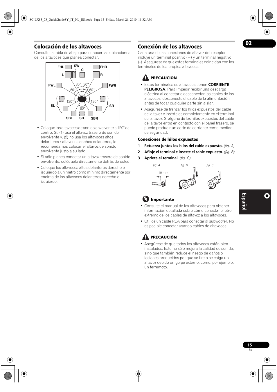Colocación de los altavoces, Conexión de los altavoces | Pioneer SC-LX83 User Manual | Page 53 / 120