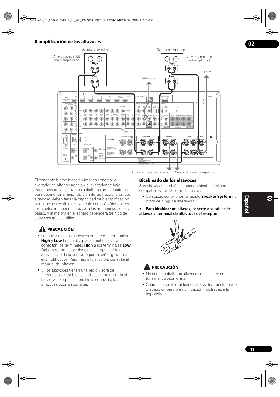 Biamplificación de los altavoces, Bicableado de los altavoces | Pioneer SC-LX83 User Manual | Page 55 / 120