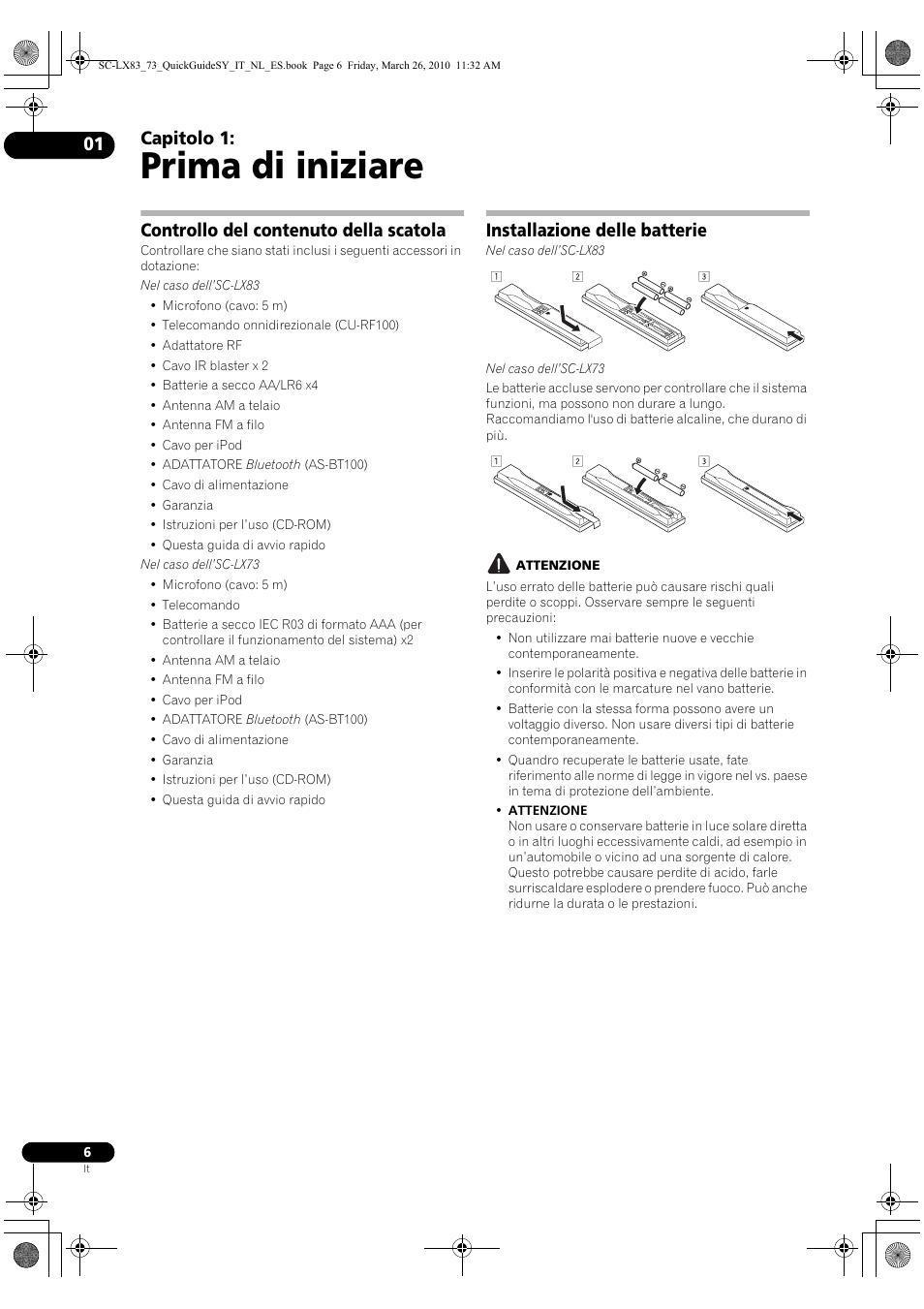 Prima di iniziare, Controllo del contenuto della scatola, Installazione delle batterie | 01 prima di iniziare, Capitolo 1 | Pioneer SC-LX83 User Manual | Page 6 / 120