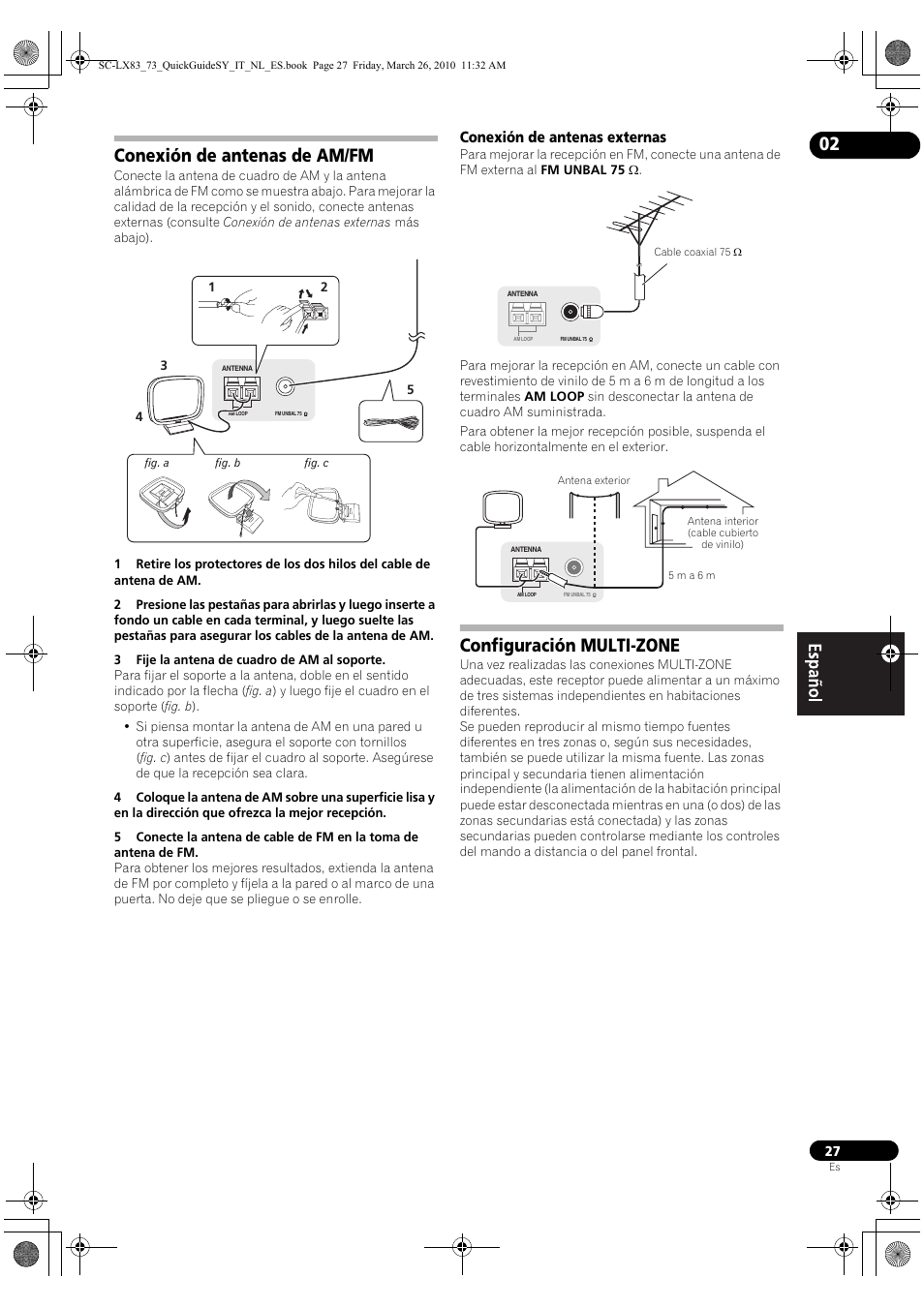 Conexión de antenas de am/fm, Conexión de antenas externas, Configuración multi-zone | Pioneer SC-LX83 User Manual | Page 65 / 120