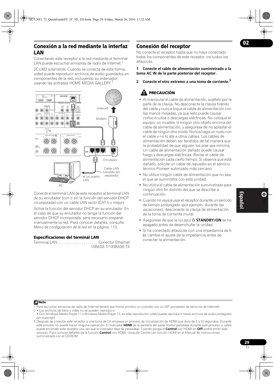 Conexión a la red mediante la interfaz lan, Conexión del receptor, Especificaciones del terminal lan | Pioneer SC-LX83 User Manual | Page 67 / 120