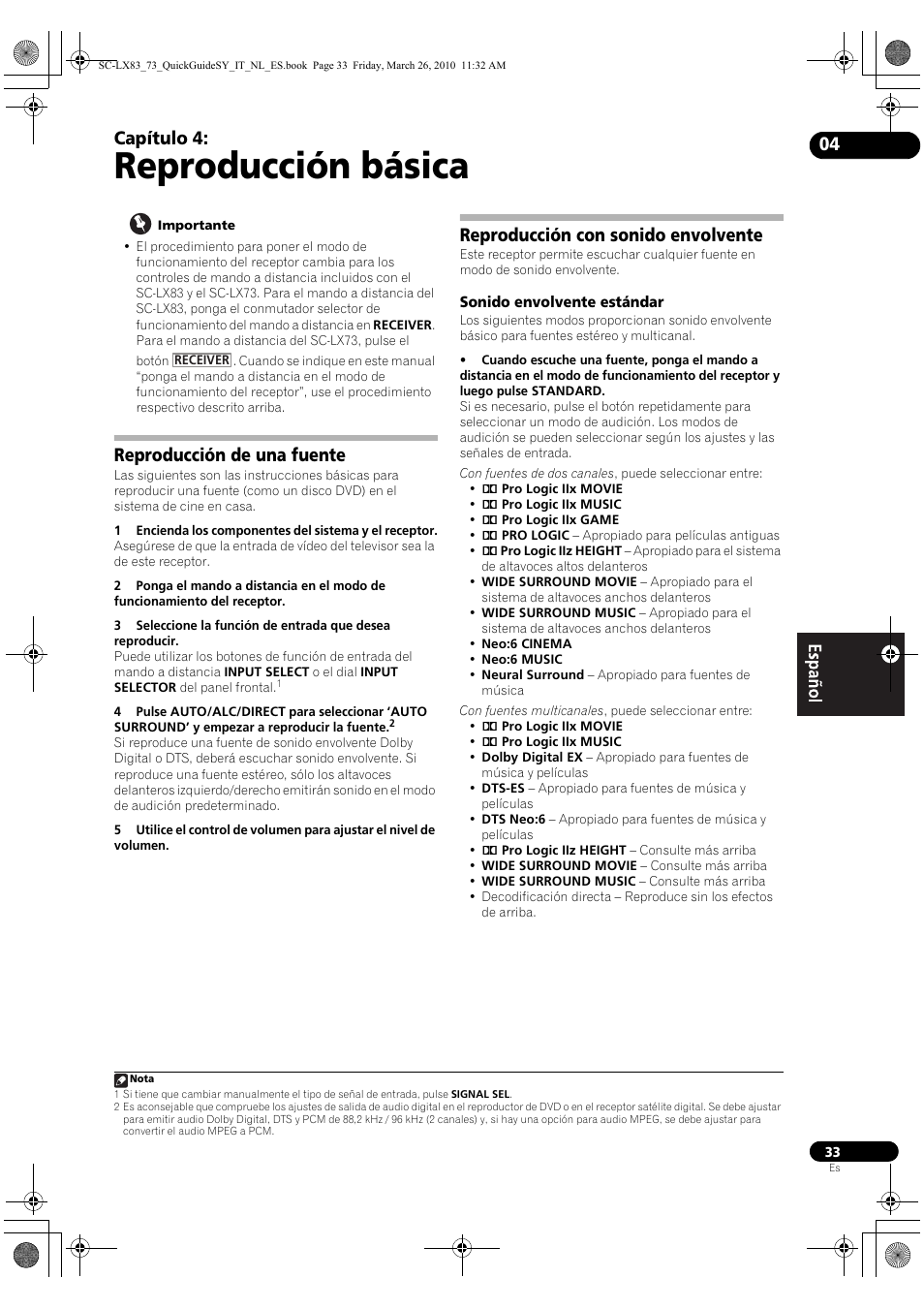 Reproducción básica, Reproducción de una fuente, Reproducción con sonido envolvente | Sonido envolvente estándar, 04 reproducción básica, Capítulo 4 | Pioneer SC-LX83 User Manual | Page 71 / 120