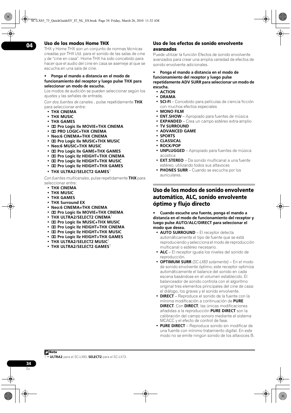 Uso de los modos home thx, Uso de los efectos de sonido envolvente avanzados | Pioneer SC-LX83 User Manual | Page 72 / 120