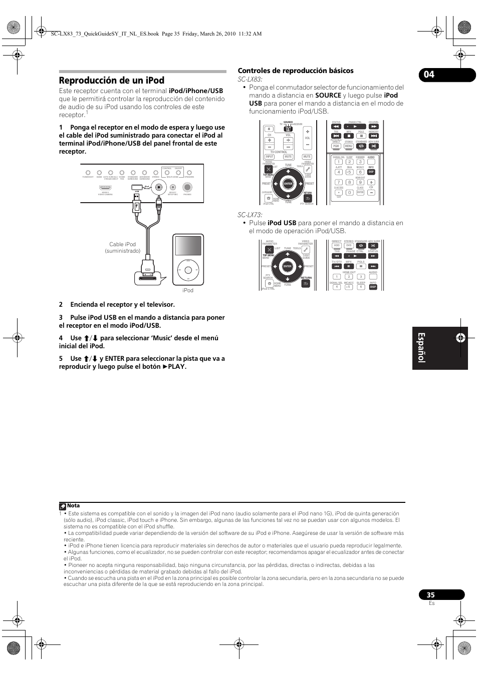 Reproducción de un ipod, Controles de reproducción básicos, Ipod cable ipod (suministrado) | Pioneer SC-LX83 User Manual | Page 73 / 120