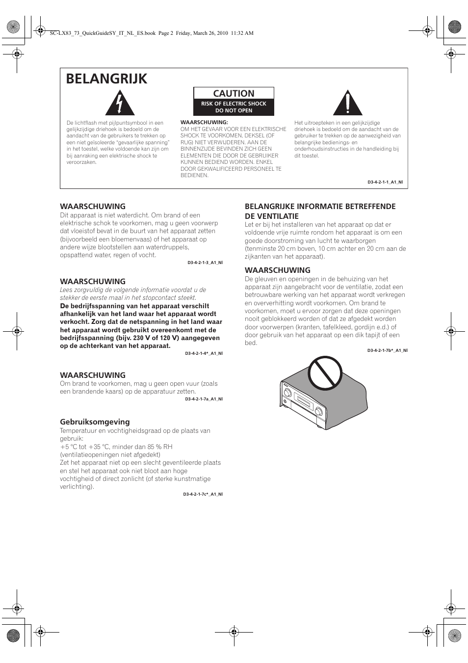 Belangrijk, Caution | Pioneer SC-LX83 User Manual | Page 78 / 120