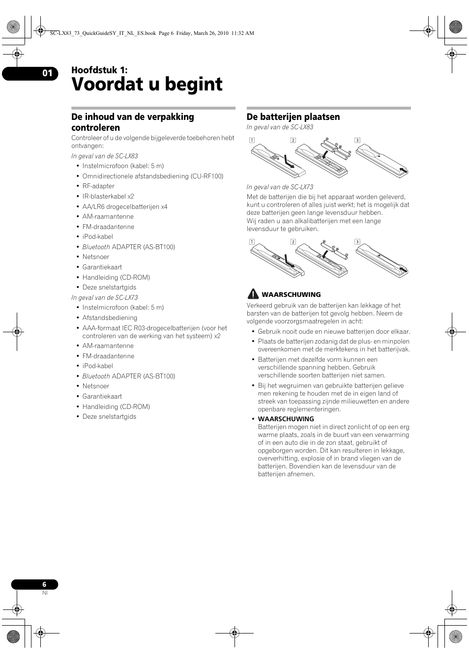 Voordat u begint, De inhoud van de verpakking controleren, De batterijen plaatsen | 01 voordat u begint, Hoofdstuk 1 | Pioneer SC-LX83 User Manual | Page 82 / 120