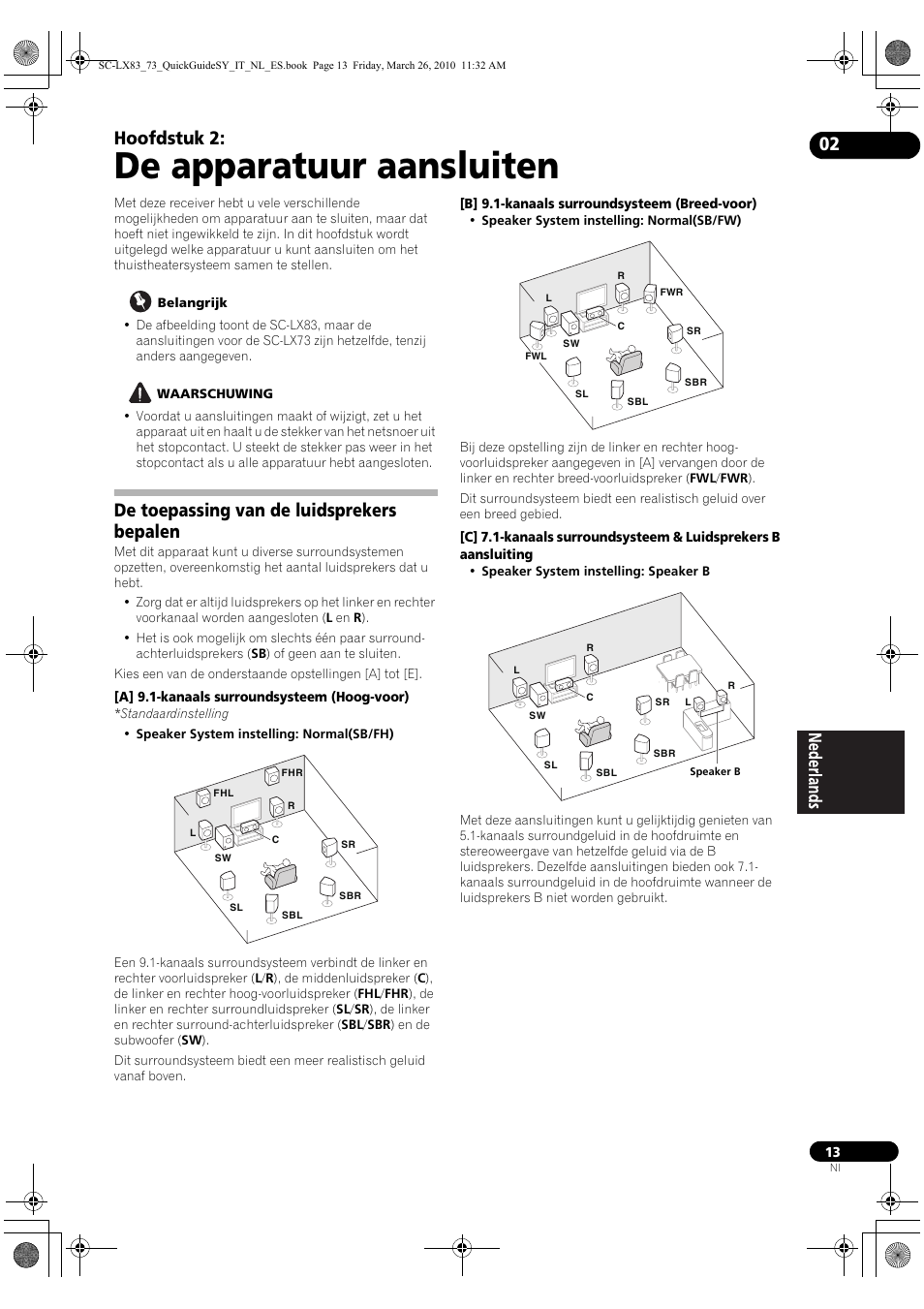 De apparatuur aansluiten, De toepassing van de luidsprekers bepalen, 02 de apparatuur aansluiten | Hoofdstuk 2 | Pioneer SC-LX83 User Manual | Page 89 / 120