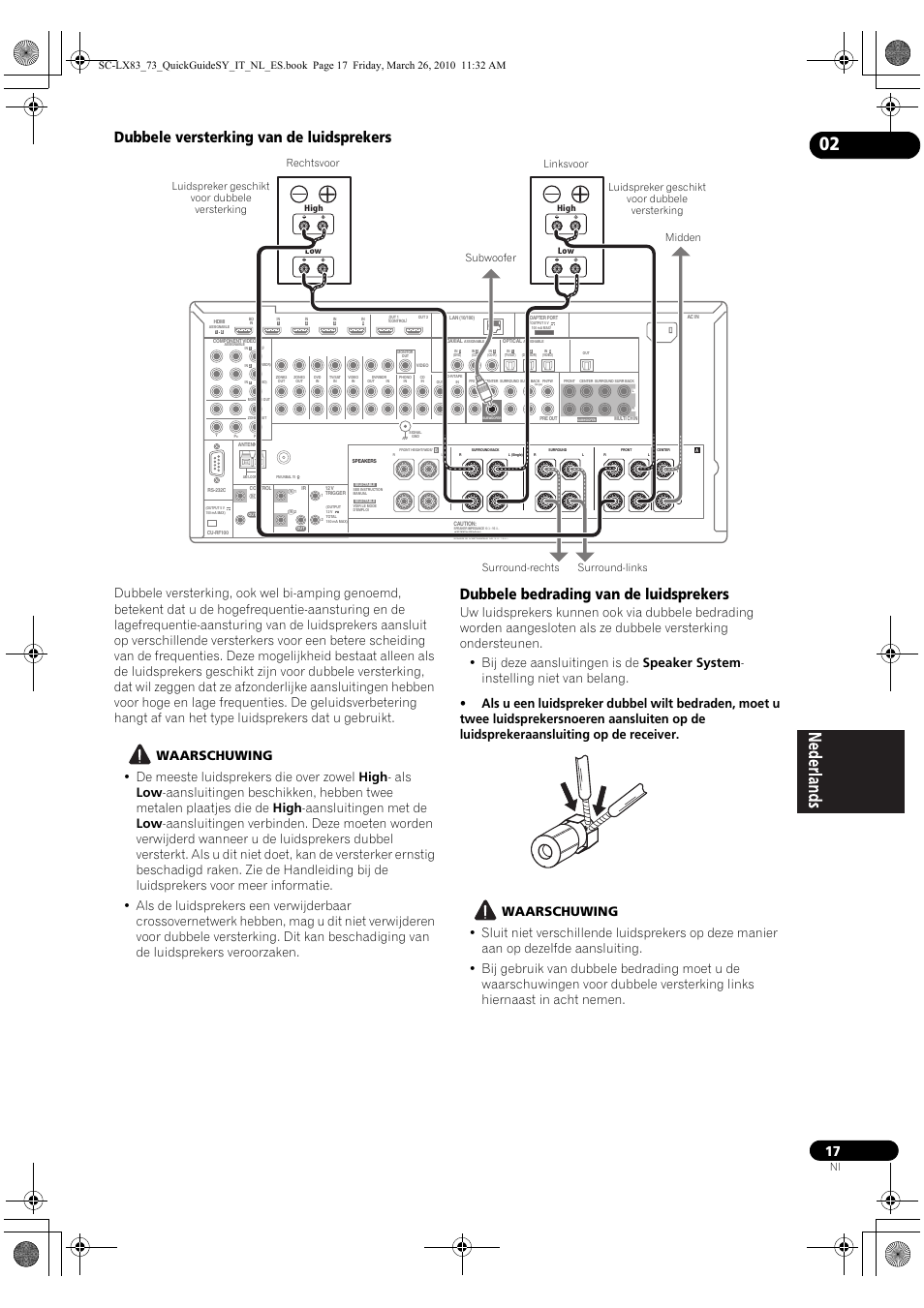 Dubbele versterking van de luidsprekers, Dubbele bedrading van de luidsprekers | Pioneer SC-LX83 User Manual | Page 93 / 120