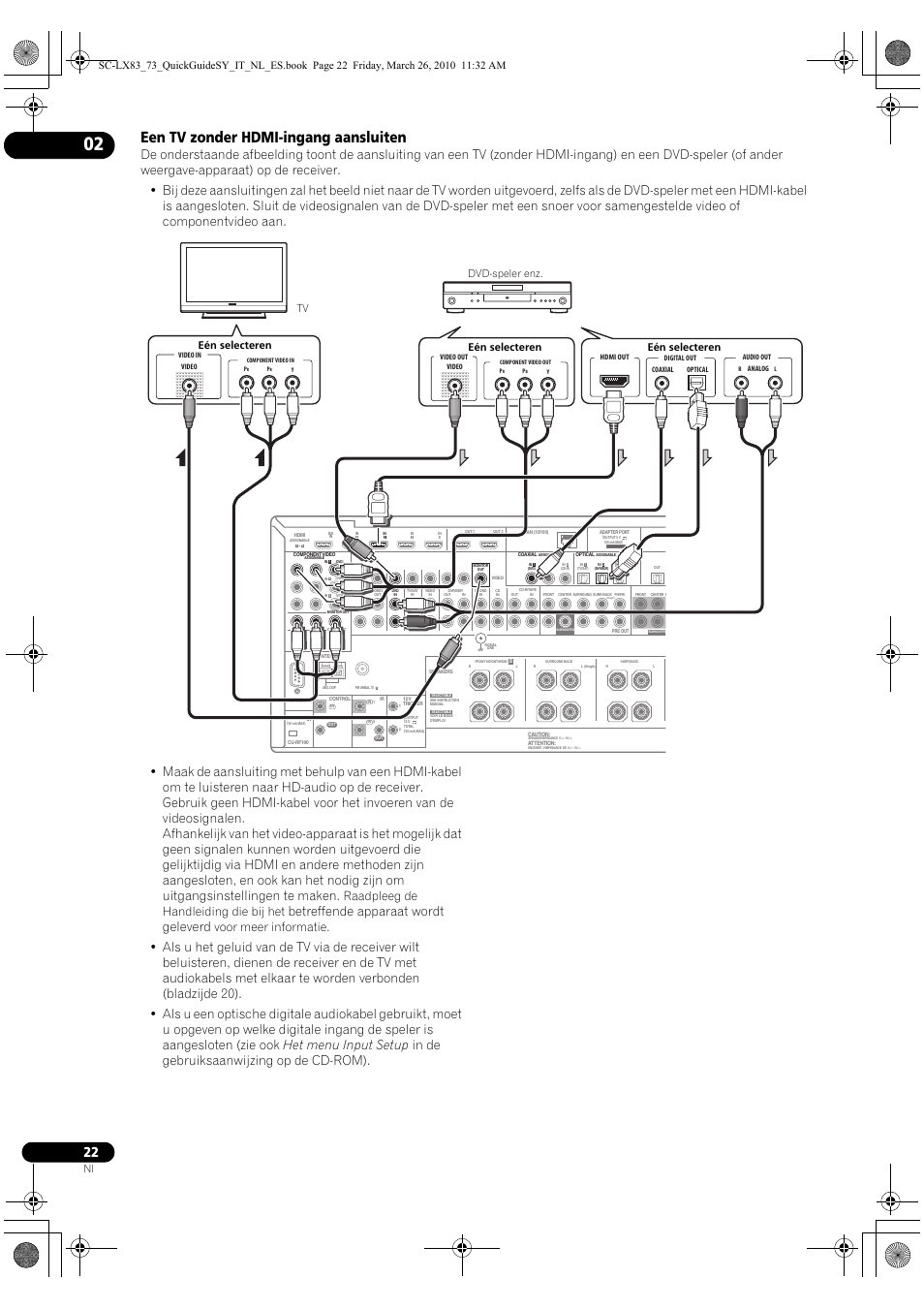 Een tv zonder hdmi-ingang aansluiten, Betreffende apparaat wordt geleverd, Raadpleeg de handleiding die bij het | Voor meer informatie | Pioneer SC-LX83 User Manual | Page 98 / 120