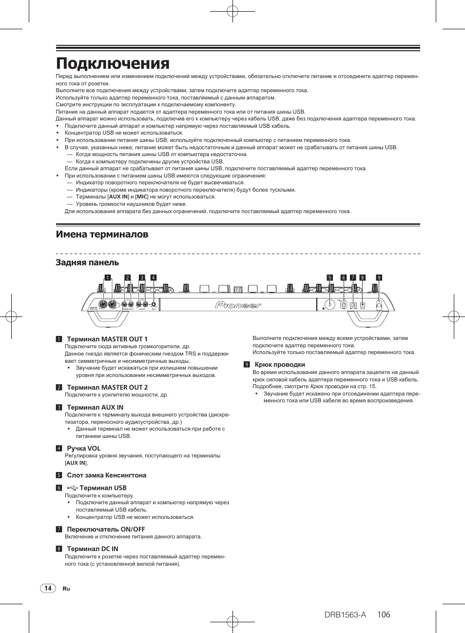 Подключения, Имена терминалов, Drb1563-a | Задняя панель | Pioneer DDJ-T1 User Manual | Page 106 / 128